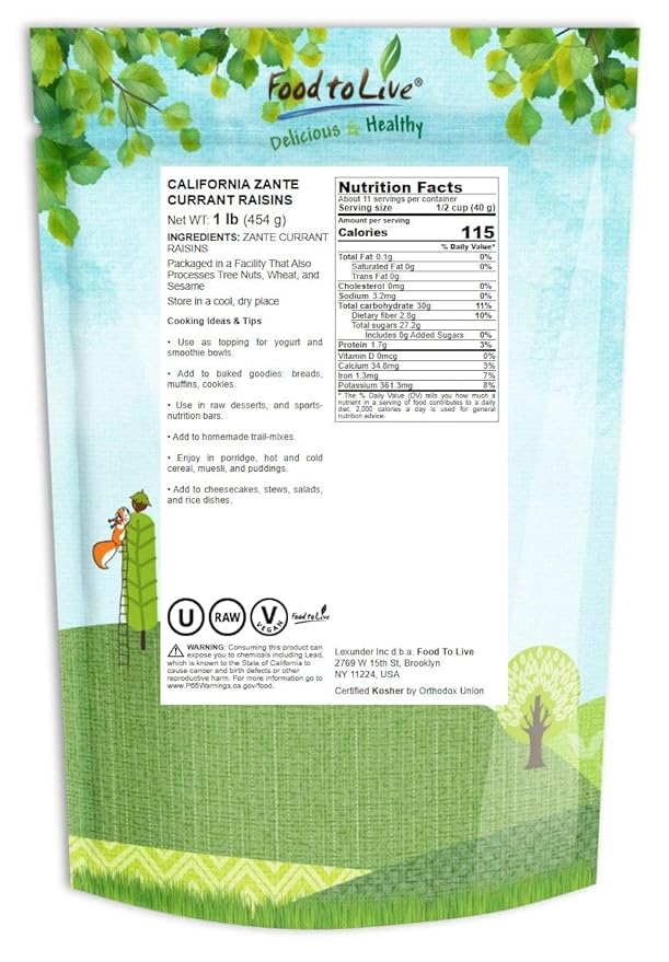 California Zante Currant Raisins, 1 Pound - Sun-Dried Seedless Grapes, Unsweetened, Unsulfured, No Added Oil, Vegan, Kosher, Bulk. Tangy-Sweet, Chewy, and Meaty. Great for Healthy Trail Mix Snack
