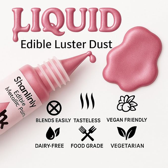 Pink Metallic Edible Paint for Baking ??Food Grade Pink Edible Dust Drink Glitter for Shimmer Cake Decorating, Cookies, Cupcakes, Cocktails ??15ml Perfect for Holidays, Wedding, Birthday Decorating