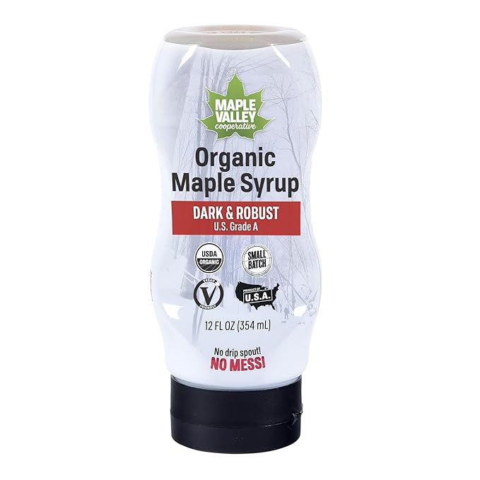 Maple Valley Organic Pure Maple Syrup, Dark & Robust Better Than Pancake Syrup, Use for Coffee or All-Natural Sugar Substitute in Cooking and Baking (12oz Plastic Squeeze Bottle)