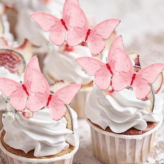 48 PCS Edible Butterfly Cupcake Toppers - Wafer Paper for Cake Decorating - Pink Butterfly Theme Baby Shower, Wedding, Birthday Party Cake Decorations Supplies