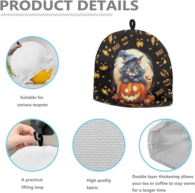 Boo Tea Cosy for Teapot Washable Tea Pot Cozy for Keeping Warm Black Cat Kettle Cover for Halloween Day Party Gifts,Dust Proof Breakfast Tea Pot Cover