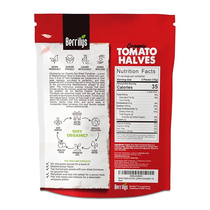 Berrilys Organic Sun-Dried Tomatoes, Salted, No Sulfur, No preservatives, Kosher, Raw, Non-GMO, Requires Pre-treatment or Cooking Before Consumption, 7oz