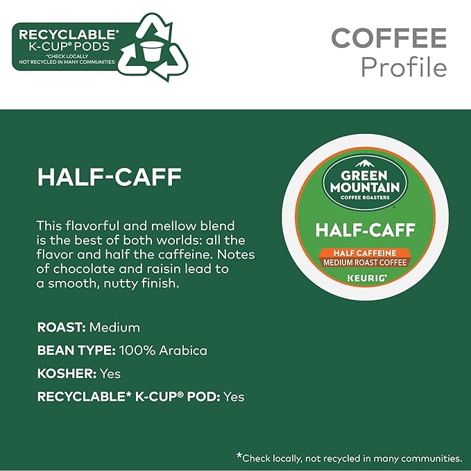 Green Mountain Coffee Roasters Half Caff, Single-Serve Keurig K-Cup Pods, Medium Roast Coffee Pods, 32 Count