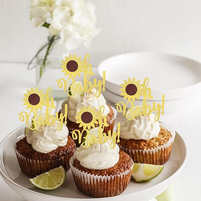 YCTHUNFISH 24 Pack Gold Glitter Sunflower Baby Shower Cupcake Toppers