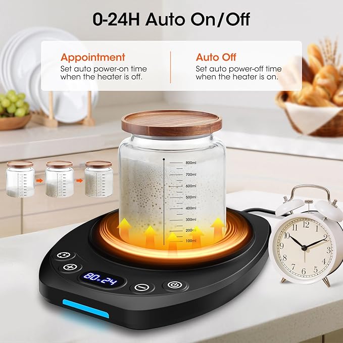 MQFORU Upgrade Sourdough Starter Warmer Mat, Precise 1°F Thermostat Control (70-120°F), Smart Memory Leavening Pad for Kitchen Sourdough and Bagels, 0-24H Timer with US Plug, °C/°F Display
