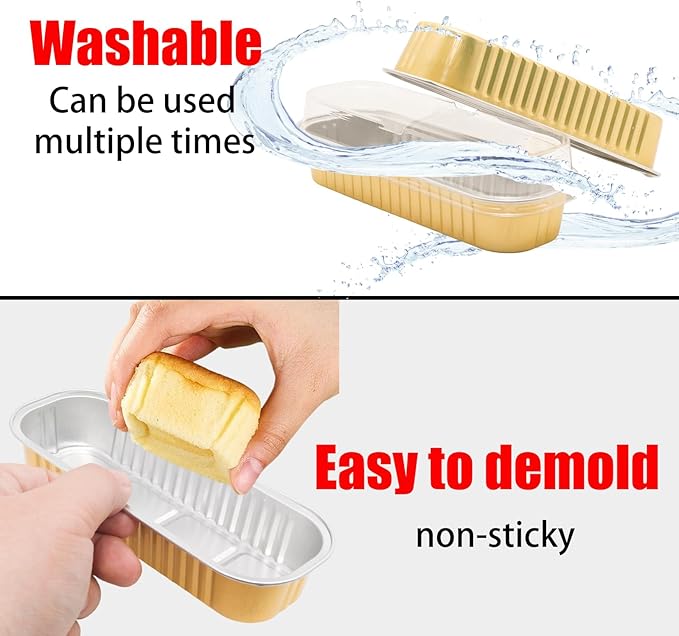 100 Pack 6.8oz Aluminum Cake Pans with Lids Rectangle Mini Loaf Pans Baking Cups Disposable Cupcake Baking Tins with 100 Pcs Plastic Spoons, Gold