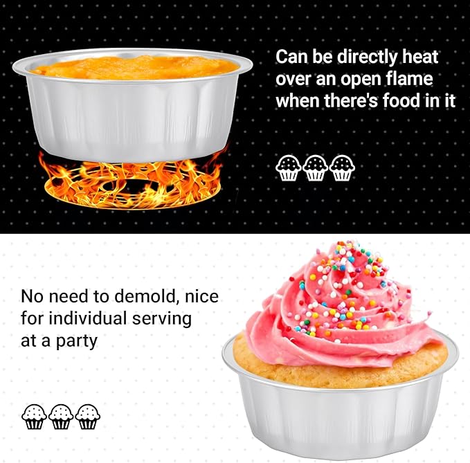 Beasea Aluminum Ramekins 8oz 100 Pack, Disposable Ramekins Foil Cups Baking 3.9" Ramekin Cup Cupcake Aluminum Mini Baking Cups for Party - Silver