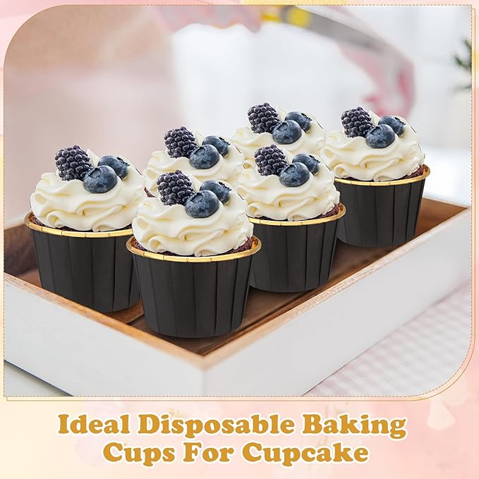300 Pack Black Gold Cupcake Liners Bulk Disposable Foil Muffin Cups 3.5 oz Wrappers for Baking Aluminum Paper Mini Metallic Disposable Holiday Party Wedding Festival Supply