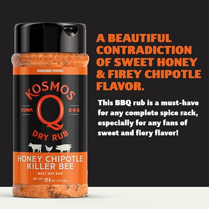 Kosmos Q Honey Chipotle Killer Bee BBQ Dry Rub, Sweet and Spicy Seasoning with Sugar, Chipotle, Garlic & Paprika for Ribs, Pulled Pork, Chicken, Dry Rub For Smoking & Grilling, 12.6 Oz Shaker Bottle