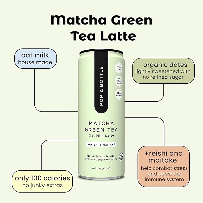 Pop & Bottle, Oat Milk Lattes - Matcha with Reishi and Maitake Mushrooms, Green Tea Latte, MCT Oil, Organic, Dairy Free, Gluten Free, Lightly Sweetened with Dates - Matcha, 8 Fl Oz (12 Pack)