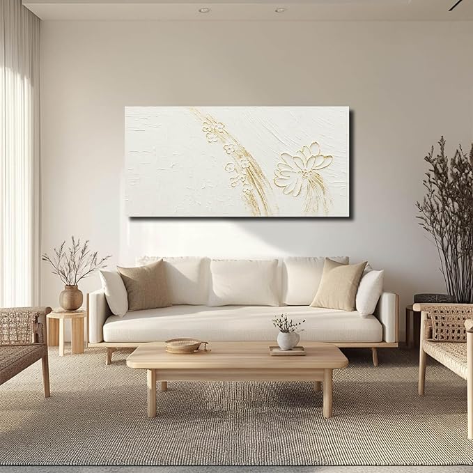 VAYIMDH Office Wall Art Flower Wall Decor Line Wall Painting 24"x48" Gold and White Canvas Paintings Wall Decorations for Bedroom