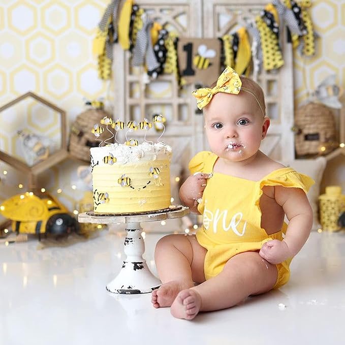 30 PCS Bumble Bee Cupcake Toppers Resin Little Figurine Bee Cupcake Picks Oh Babee Cake Decorations for Bee Theme Baby Shower Kids Boys Girls Birthday Party Decoration Supplies Gold