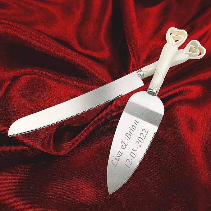 GIFTS INFINITY® Personalized Wedding White Interlock Heart Cake Knife and Server Set Free Engraving (2401) - Valentine's Day Gift