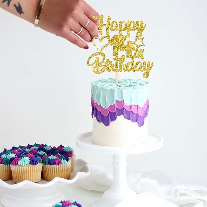 1 Pack Happy 14th Birthday Cake Topper Glitter Heart Star 14 Fabulous Cake Pick Birthday Sign Cake Decorations for 14th Birthday Theme Party Supplies Gold