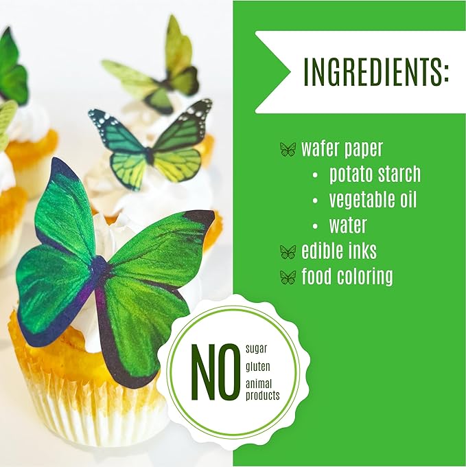Sugar Robot Edible Butterflies for Cake Decorating- Large Size Butterfly Decorations - Cake Toppers and Cupcake Toppers - Made in the USA - Premium Crafted (Green)