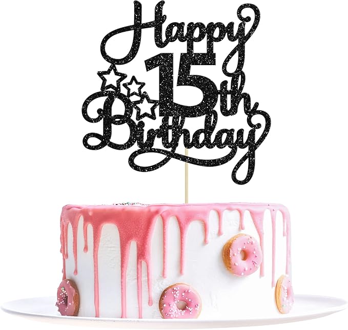 1 Pack Happy 15th Birthday Cake Topper Black Glitter Mis Quince 15 Cheers to 15 Years Old Birthday Cake Pick for Celebrating 15th Birthday Anniversary Party Cake Decorations Supplies