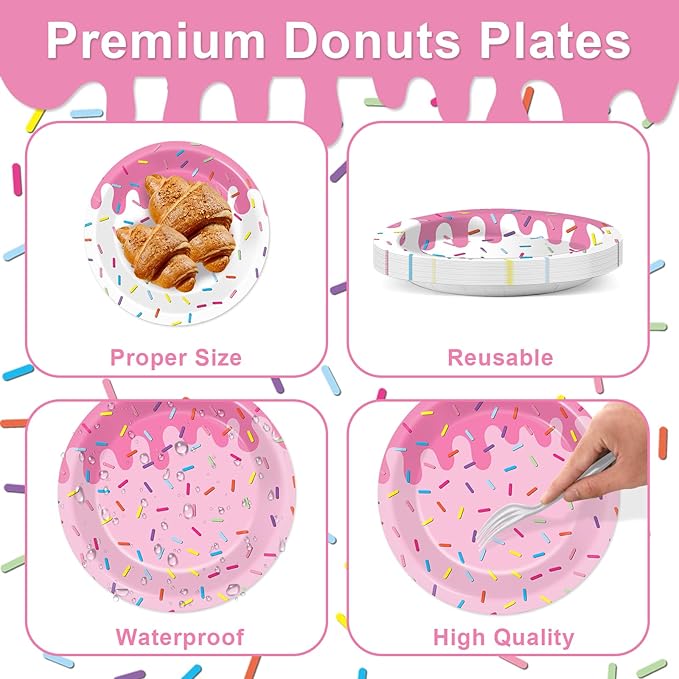 96Pcs Pink Donut Confetti Party Plates and Napkins Themed Decorations Summer Pink Donut Dessert Plates Donuts Tableware Set for 24 Guests Grow Up Themed Baby Shower Party Favors Supplies