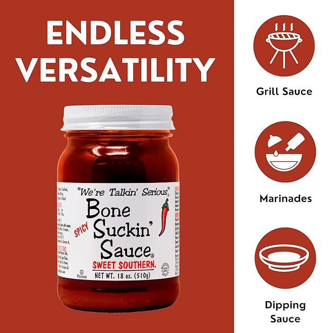 Bone Suckin' Sauce Sweet Southern BBQ Sauce, Gluten-Free, Non-GMO, Kosher, Sweetened with Cane Sugar & Molasses, All-Purpose Barbecue Sauce, For Ribs, Chicken, Pork, Beef (1 Count, Spicy Sweet Southern)