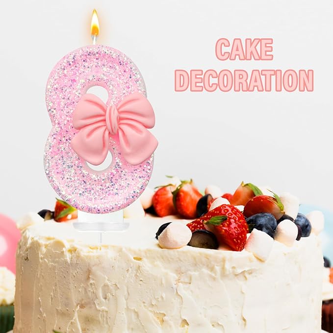 Birthday Cake Candles, Pink Glitter with Bow Cake Candles, Birthday Party Cake Toppers, Cute Birthday Candle Decorations (8)