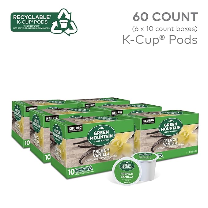 Green Mountain Coffee Roasters French Vanilla Keurig Single-Serve K-Cup pods, Light Roast Coffee, 60 Count (6 Packs of 10)