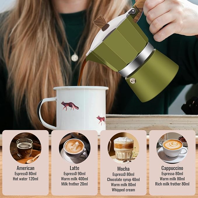 3 Cup Aluminum Moka Pot Classic Stovetop Espresso Coffee Maker 150ml 5oz Coffeemaker Percolator Mocha Pot Greca Coffee Maker Cafe Makers for Italian and Cuban Cafì±?Brewing Green