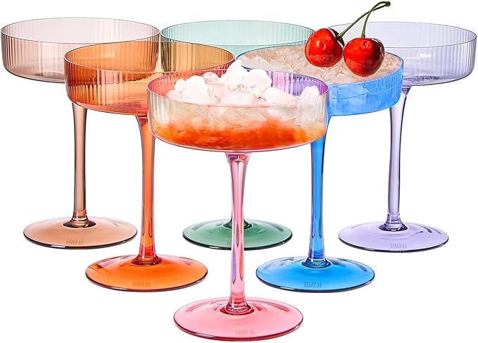 Khen Ribbed Vintage Art Deco Coupe Glasses - Martini, Champagne & Cocktail Ribbed Glasses 8oz | Cute Crystal Glassware Sets - Goblet Stemmed Ripple Glassware, Housewarming Glass, Fall/Holiday 6 Pieces