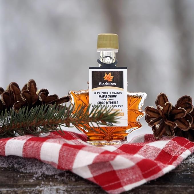 100% Pure Organic Maple Syrup, 100 ml (3.38 Fl Oz) - Premium Grade A - Quebec's Finest in Elegant Maple Leaf Bottle from Biodélices