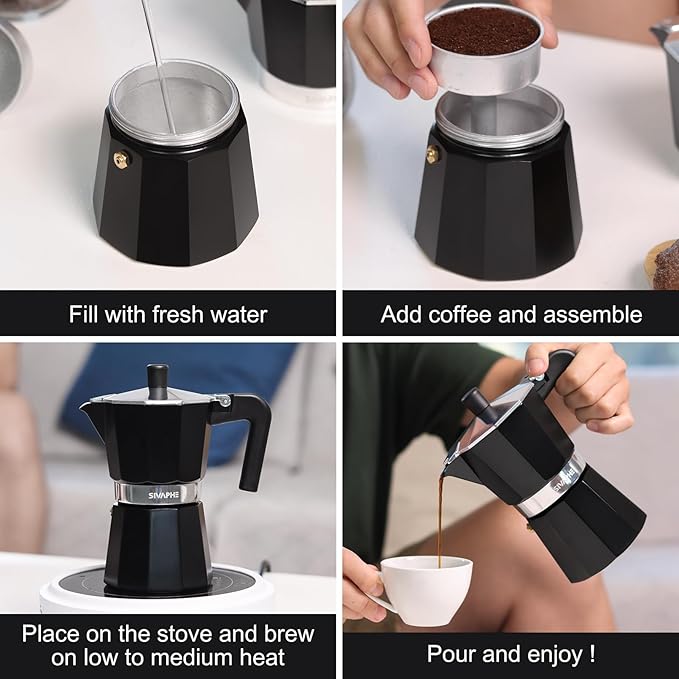 Sivaphe Aluminum Moka Pot 9 Espresso Cups, Percolator Espresso and Coffee Maker, Portable Stovetop Italian and Cuban Cafì±?Brewer for Home and Camping Black
