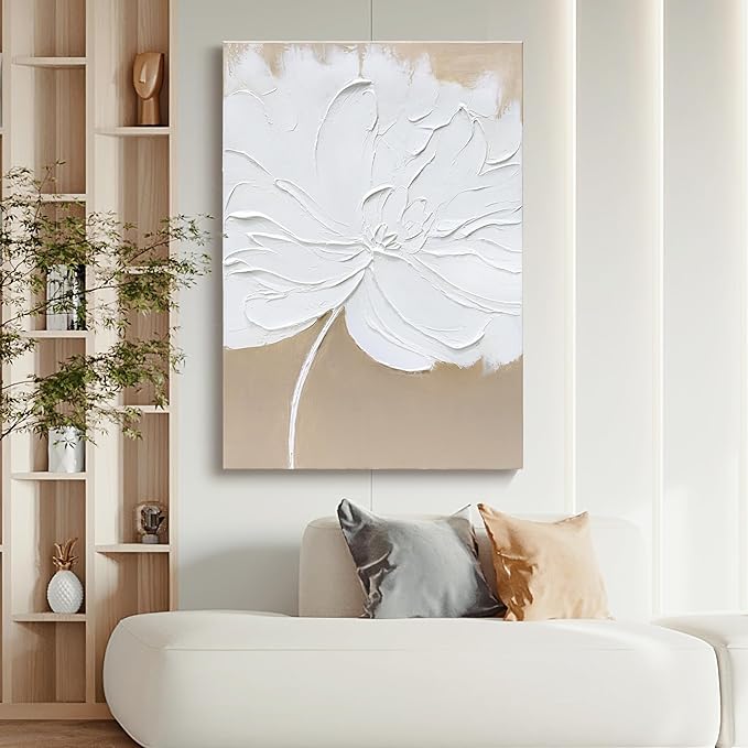 Artaanchuil Hand Painted White Flower Texture Wall Art - 28x40 Inch Beige Canvas Abstract Oil Painting Vertical Modern Artwork for Living Room Wall Decoration