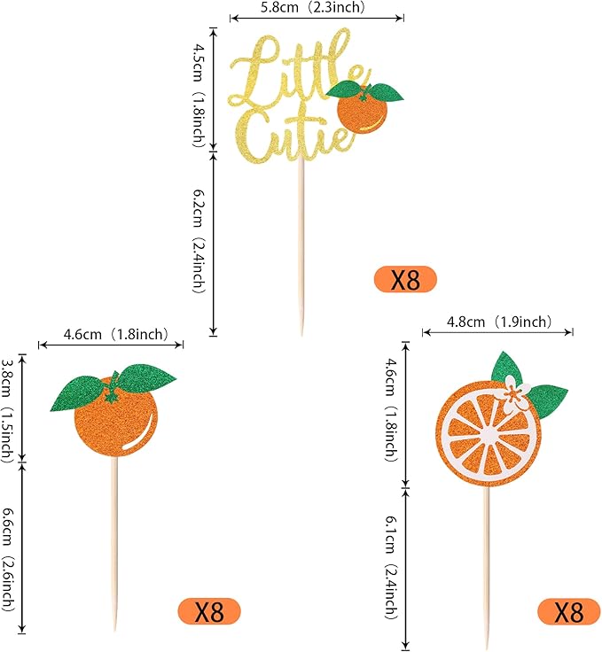 24 Pack Little Cutie Cupcake Toppers Glitter Orange Cupcake Picks for Citrus Theme Baby Shower Kids Birthday Party Tangerine Clementine Fruit Party Cake Decorations Supplies