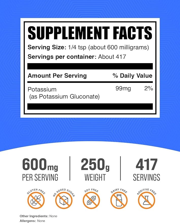 BulkSupplements.com Potassium Gluconate Powder - for Hydration Support, Mineral Supplement, Potassium 99mg - Gluten Free, 600mg per Serving, 250g (8.8 oz) (Pack of 1)