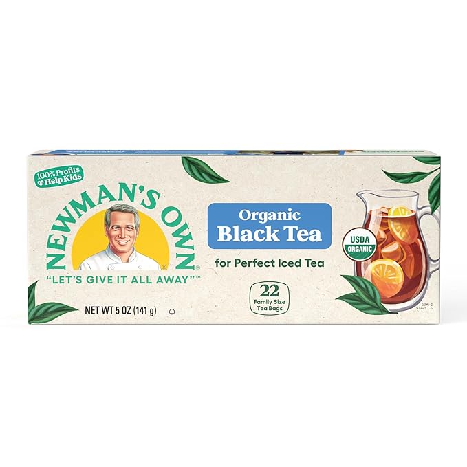 Newman's Own Organic Black Tea Boosts Immunity and Promotes Overall Wellbeing Strong Robust Unsweetened Black Tea with 22 Individually Wrapped Family Sized Tea Bags Per Box (Pack of 6) USDA Certified Contains Caffeine Brew Hot/Cold