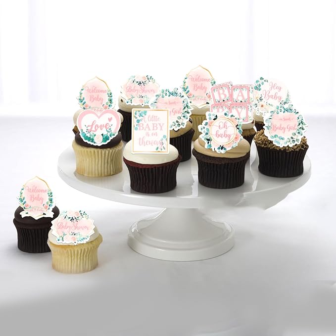 64 PCS Edible Baby Shower Cupcake Toppers Wafer Paper Floral Leaves Welcome Baby Girl Cupcake Picks Edible Love Baby in Bloom Cake Decorations for Gender Reveal Theme Girls Birthday Party Supplies