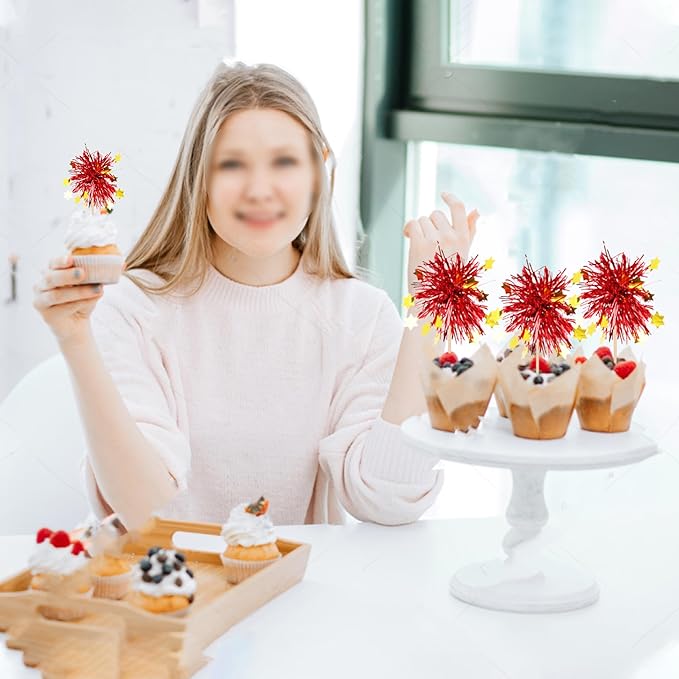 Rsstarxi 30 Pack Foil Firework Cupcake Toppers Happy Valentine's Day Cupcake Toppers Tinsel Flower Drink Stirrers Cocktail Food Fruit Toothpicks for New Years Birthday Party Cake Decorations Red
