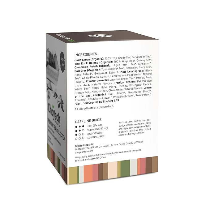 CHAYEAH, Premium Tea Collection (16 Pyramid Tea Sachets, 8 Assorted Flavors), Green, Black, Oolong, Pu?셞rh & Herbal Tea Sampler Variety Pack, Caffeinated and Non-Caffeinated, Whole Leaf Tea Bag