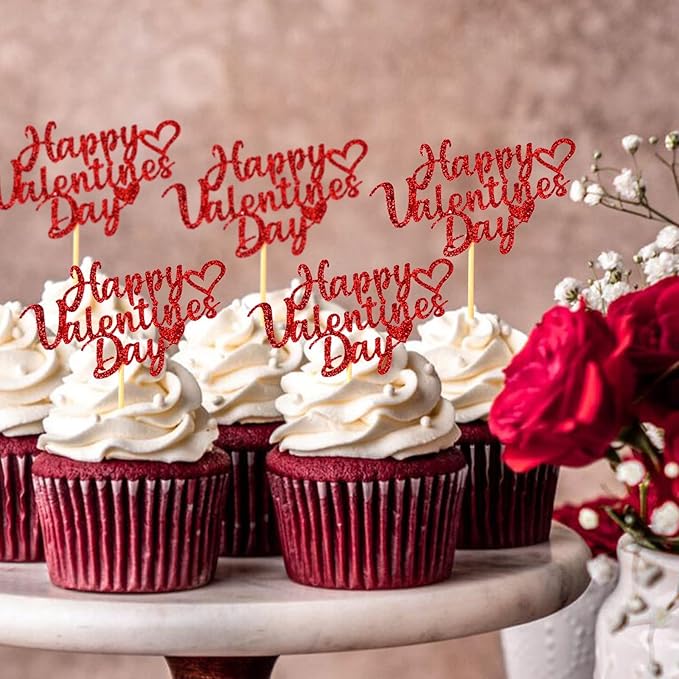 24pcs Happy Valentine's Day Cupcake Toppers with Red Heart Glitter Sweet Love Valentines Cupcake Picks for Engagement Anniversary Valentine's Day Theme Birthday Party Cake Decorations