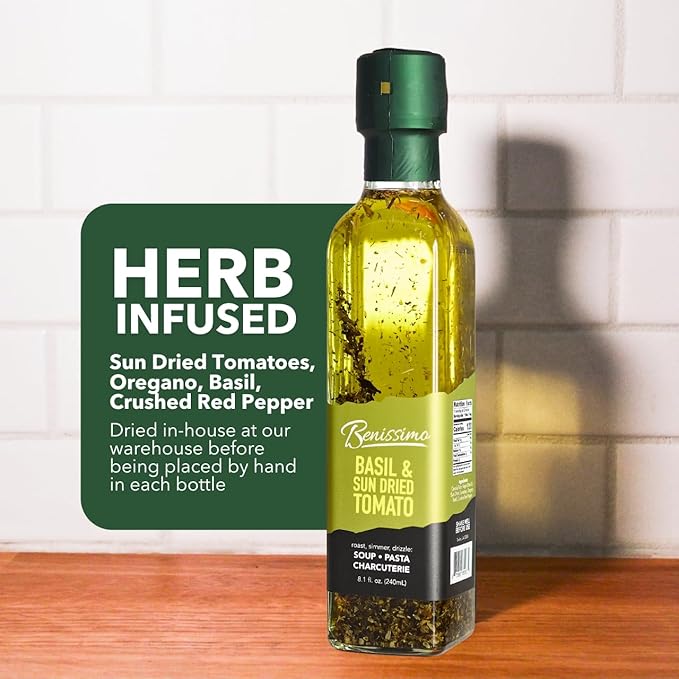Benissimo Basil and Sun Dried Tomato Herb Infused Oil, All Natural Gourmet Cooking Oil with Garden-Fresh Herbs, Ideal for Dipping, Sautéing, Drizzling, 8.1 fl oz