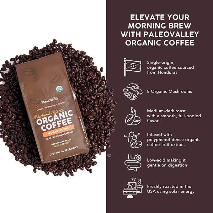 Paleovalley Organic Ground Coffee, 10 oz - Regular, Low Acid, Single-Origin, Polyphenol-Rich, Infused with Mushrooms & Coffee Fruit Extract