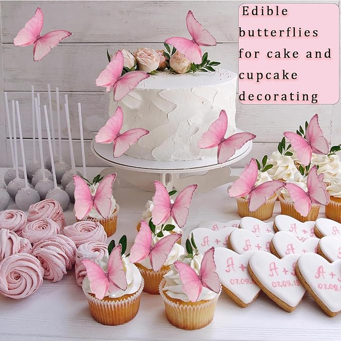 YOcity 48Pcs Edible Butterflies Cake Cupcake Toppers Pink Wafer Paper Butterfly Cake Decorations for Wedding Birthday Party Cupcakes Decorating Pink