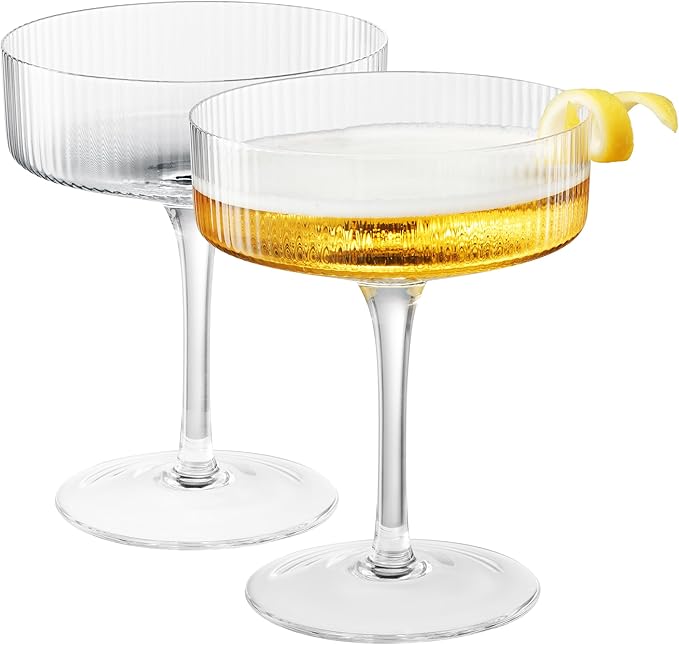 Khen Ribbed Vintage Art Deco Coupe Glasses - Martini, Champagne & Cocktail Ribbed Glasses 12oz | Cute Crystal Glassware Sets - Goblet Stemmed Ripple Glassware, Housewarming Glass Gifts, Clear 2 Piece