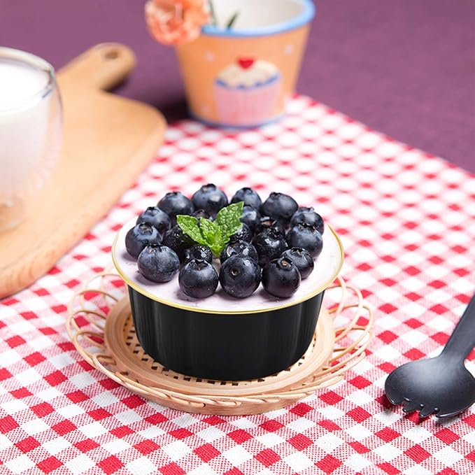 Beasea Disposable Ramekins with Lids, 8 oz 50 Pack Black Gold Aluminum Foil Cups, Disposable Creme Brulee Muffin Cupcake Baking Cup Mini Pudding Cups for Party Wedding Birthday