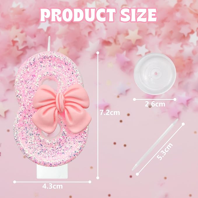 Birthday Cake Candles, Pink Glitter with Bow Cake Candles, Birthday Party Cake Toppers, Cute Birthday Candle Decorations (8)