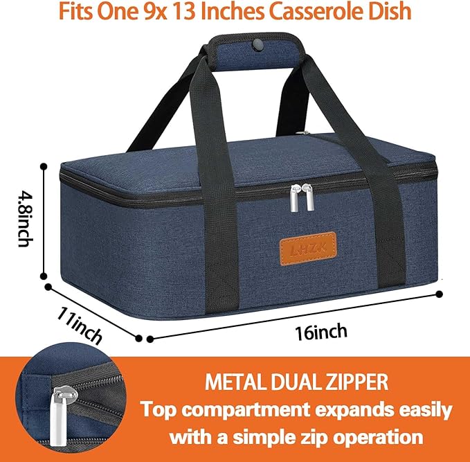LHZK Insulated Casserole Carriers for Hot or Cold Food, Lasagna Holder Tote for Potluck Parties, Beach, Picnic, Travel, Fits 11x15 or 9x13 Dish (Blue)
