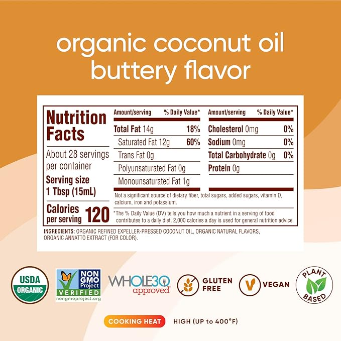 Nutiva Organic Coconut Oil with Non-Dairy Butter Flavor, 14 Ounce (Pack of 2), USDA Organic, Non-GMO, Whole 30 Approved, Vegan & Gluten-Free, Plant-Based Replacement for Butter