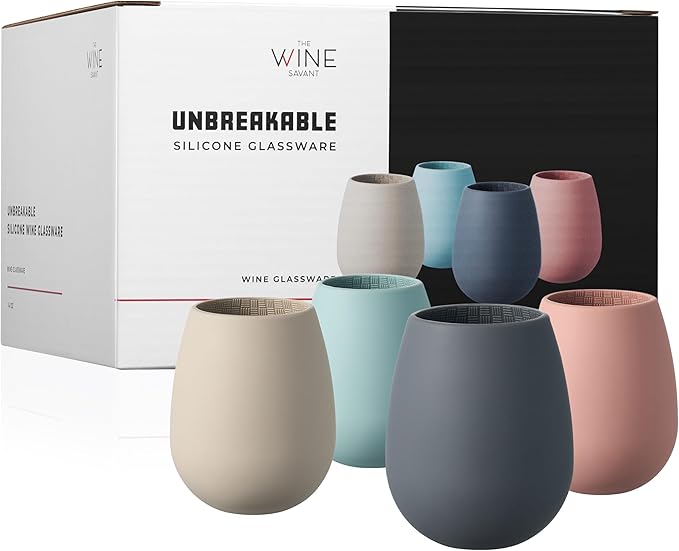 Unbreakable Silicone Stemless Wine Glassware | Set of 4 | Reusable & Shatterproof Tumbler Drinkware for Wine, Water, Cocktails, Champagne Glass for Parties, Beaches, Boats (Pink, Black, Blue, Tan)