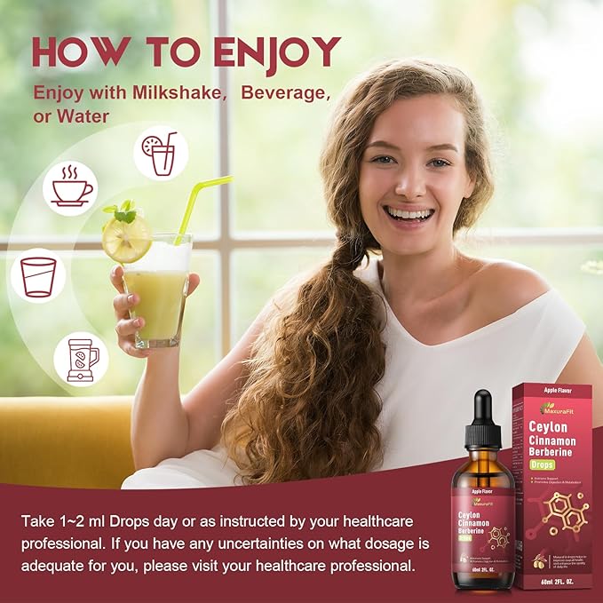 2 Pack Ceylon Cinnamon Berberine Bitter Liquid Drops Supplement with Turmeric,Green Tea,Apple Cider Vinegar,Black Seed Oil for Immune System & Digestive System Supports 4 FL OZ