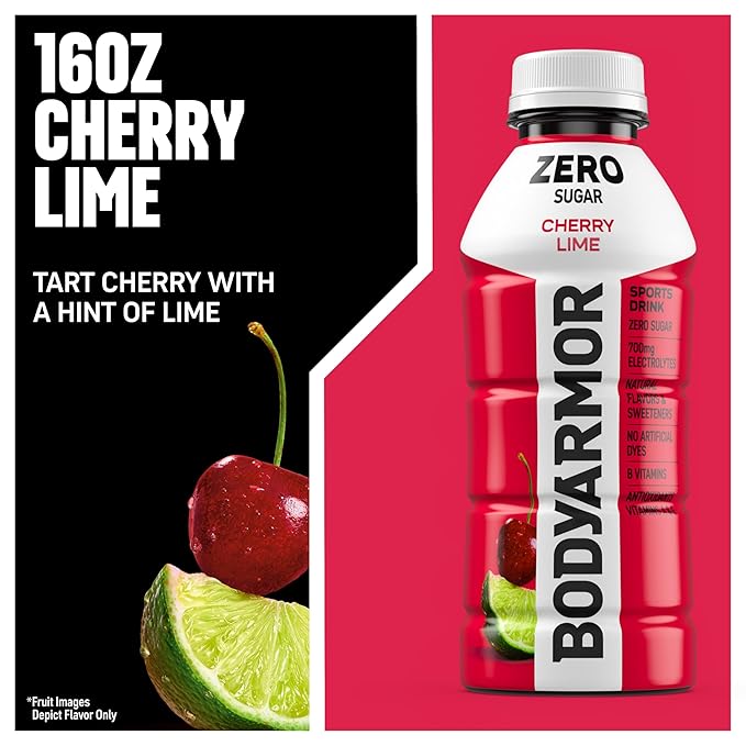 BODYARMOR ZERO Sugar Cherry Lime, Sugar Free Sports Drink - Low-Calorie Hydration - Natural Flavors with Potassium Packed Electrolytes, Antioxidants, and B-vitamins, 16 fl oz (pack of 12)