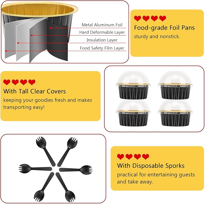 5oz Foil Ramekins with Lids 50 Pack,Free-Air Aluminum Foil Cupcake Liners Muffin Cups,Disposable Muffin Tins Jumbo Cupcake Baking Cups Muffin Pans for Custard Creme Brulee,with 50 Spoons-Black