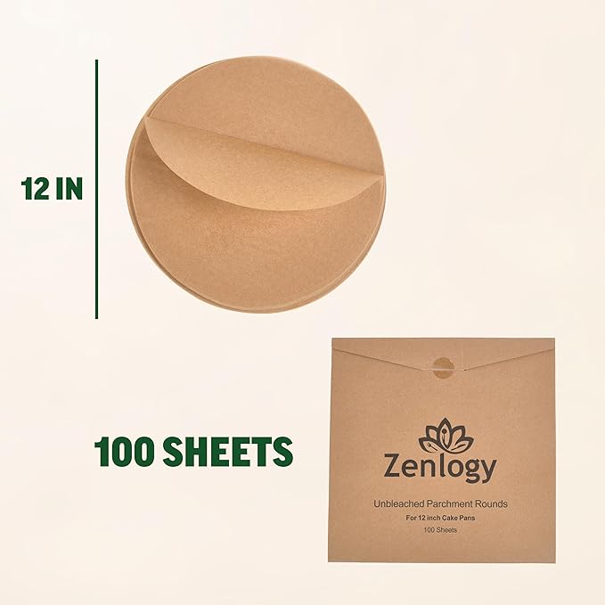 Zenlogy 12 Inch Parchment Paper Rounds (100 Sheets) - Unbleached, Pre-cut, High Heat, Round Liners - Fits 12 inch Round Cake Pans, Pizza Pans, and Air Fryer