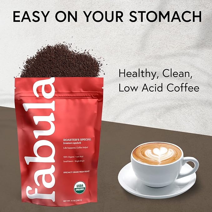 Fabula Coffee Half-Caff Medium Roast Freshly Ground - Organic - Low Acid - Single Origin - Non-GMO - Mold Free - 12 Ounces ??"<div>